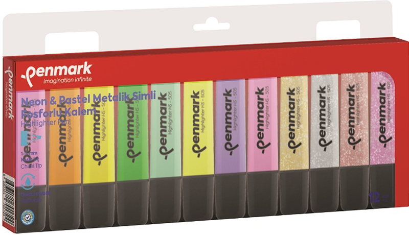 Penmark Fosforlu Kalem Set 12li 4 Neon+4 Pastel+4 Simli HS-505-12NPS