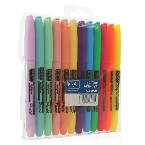 Kraf Fosforlu Kalem Tipi 12 li (6 Pastel+6 Parlak Renk) 340/345-12