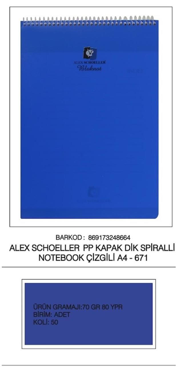 Alex Defter A4 80 Yaprak Çizgili Dik Bloknot Spralli PP Kapak ALX-671