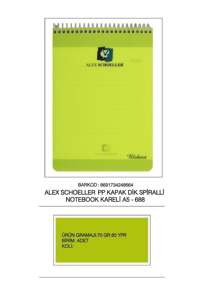 Alex Defter A5 80 Yaprak Kareli Dik Bloknot Spralli PP Kapak ALX-688